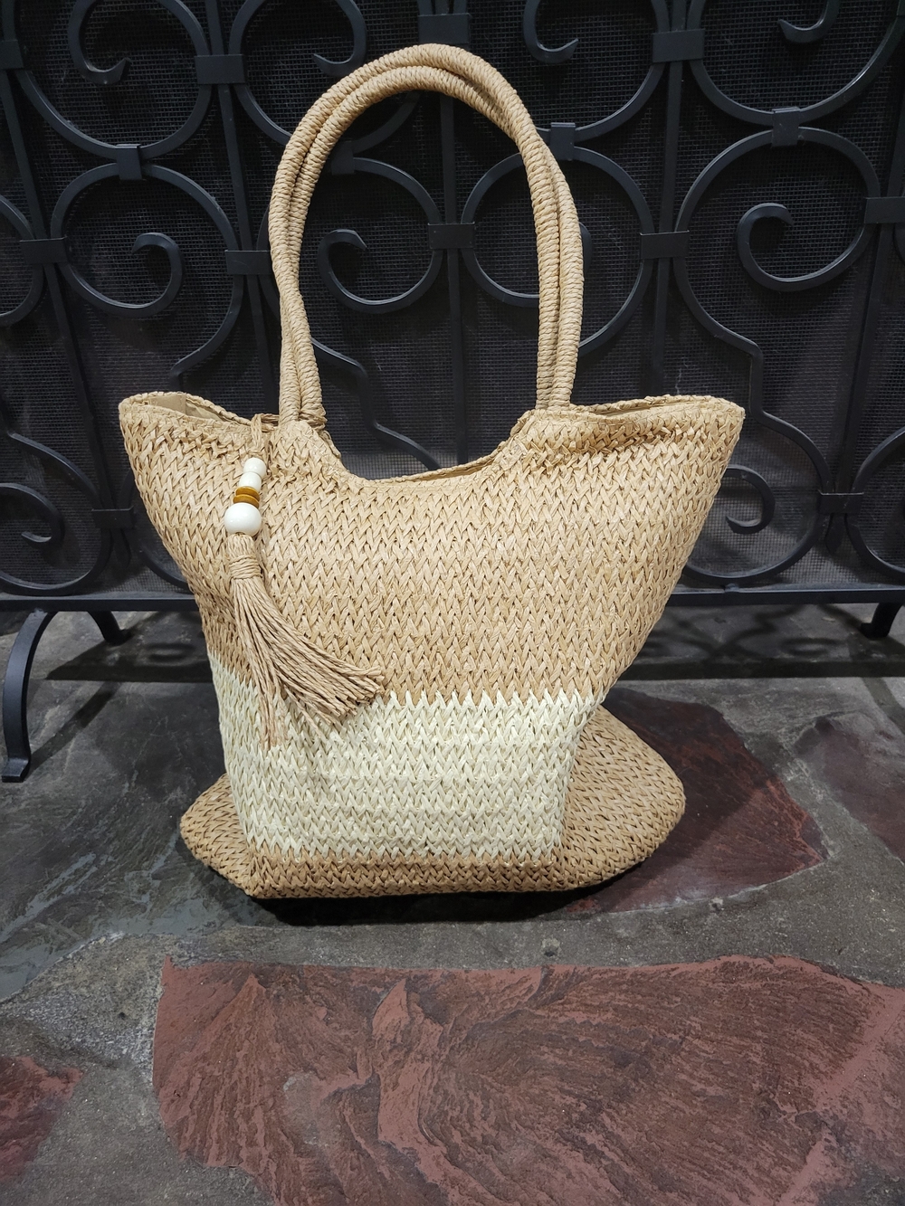 Natural Two-Tone Straw Tote with Tassel
